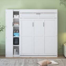 Full Size Murphy Wall Bed With Shelves, Wardrobe And LED Lights - White