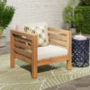 Outdoor Club Chair, Acacia Wood Patio Chair With Fabric Cushion For Backyard, Poolside - Teak / Beige - Image 2