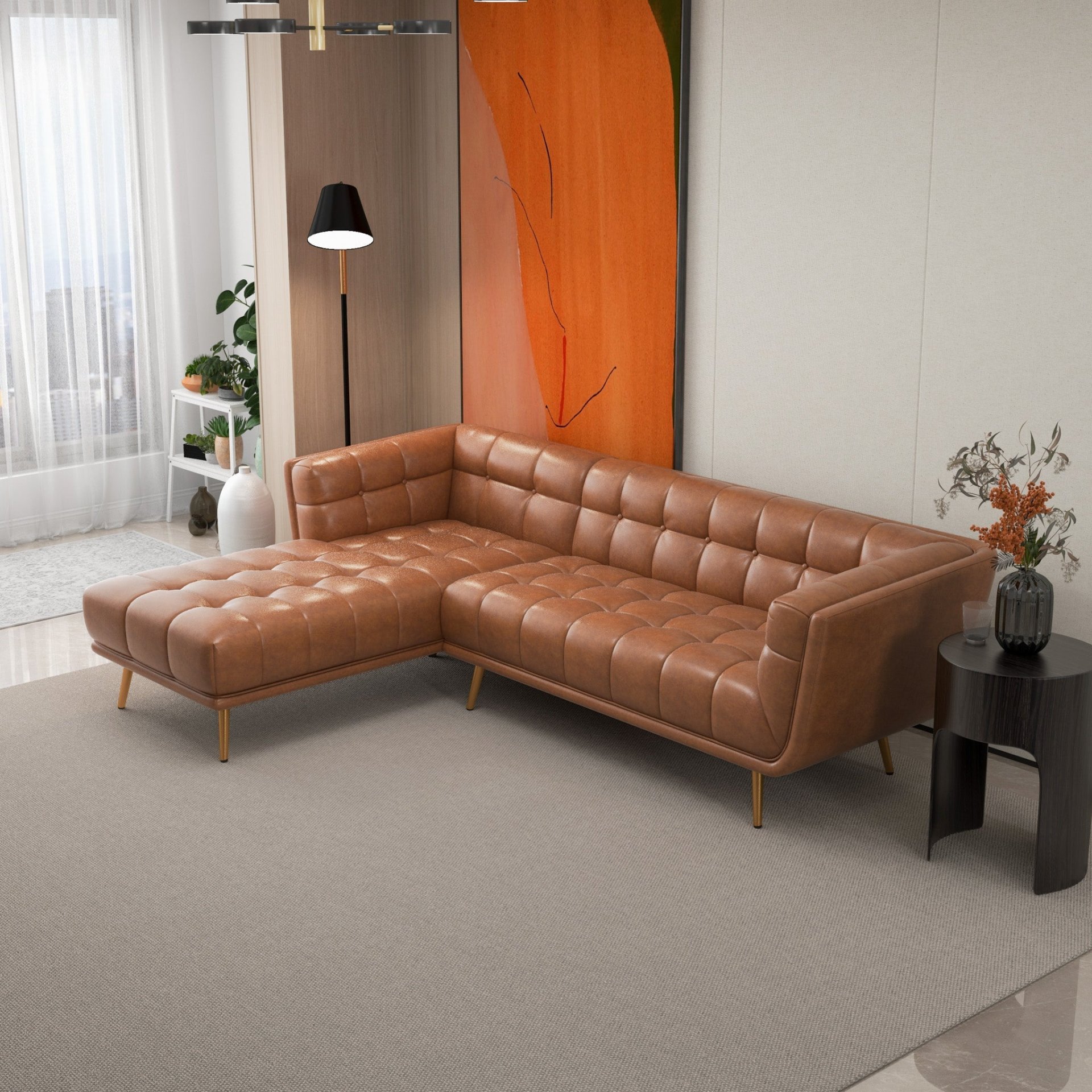 Addison - Left Sectional Leather Sofa - Cognac - Image 10