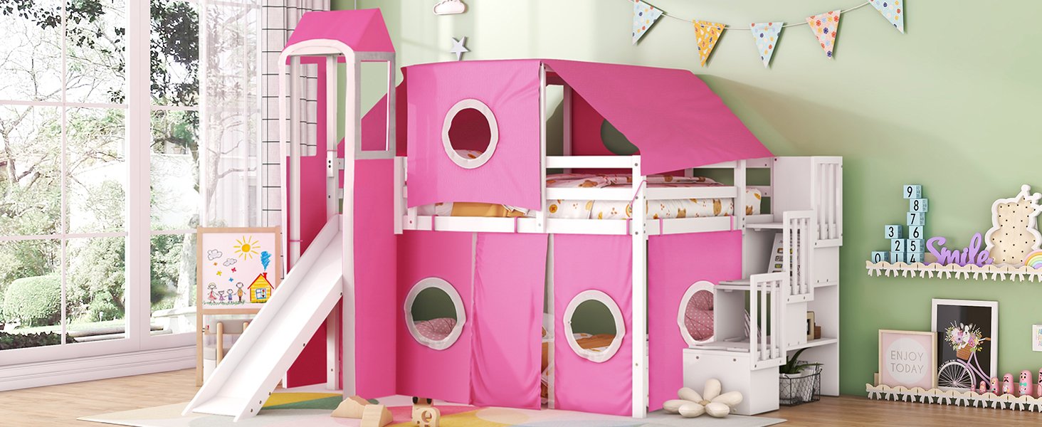Full Size Loft Bed With Tent And Tower - Pink - Image 22