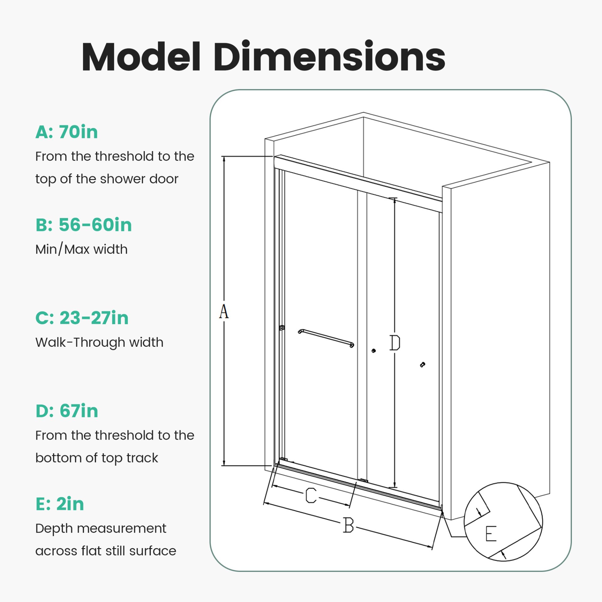 56" -60" W*70" H Semi-Frameless Double Sliding Shower Door, Bypass Shower Door, 1 / 4" (6Mm) Thick SGCC Tempered Glass Door - Chrome - Image 3