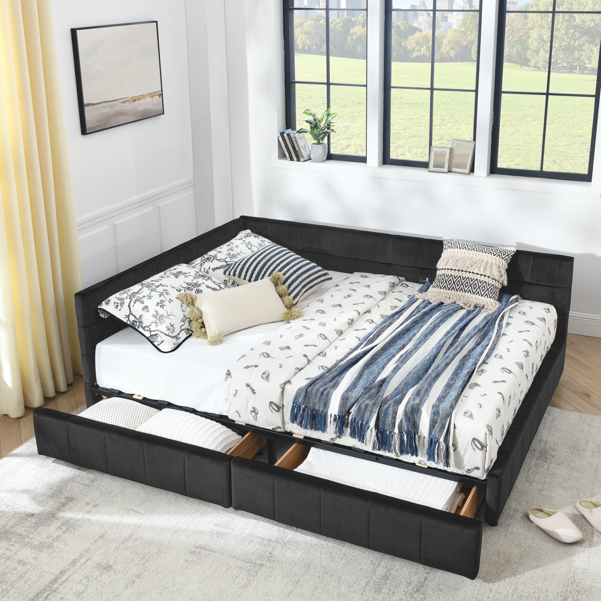 Mid Century Queen Size Storage Upholstered Tufted Bed Frame With Backrest And Armrests Velvet - Black - Image 3