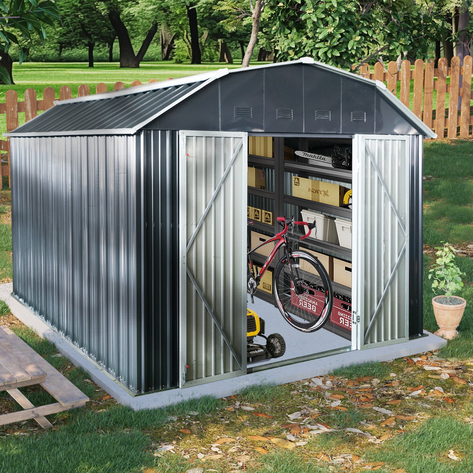 10 Ft X 12 Ft Outdoor Metal Storage Shed With Arch Roof With Lockable Doors For Backyard Garden Patio Lawn - Black - Image 2