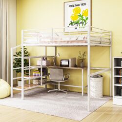 Full Size Loft Bed With Desk And Lateral Storage Ladder - White