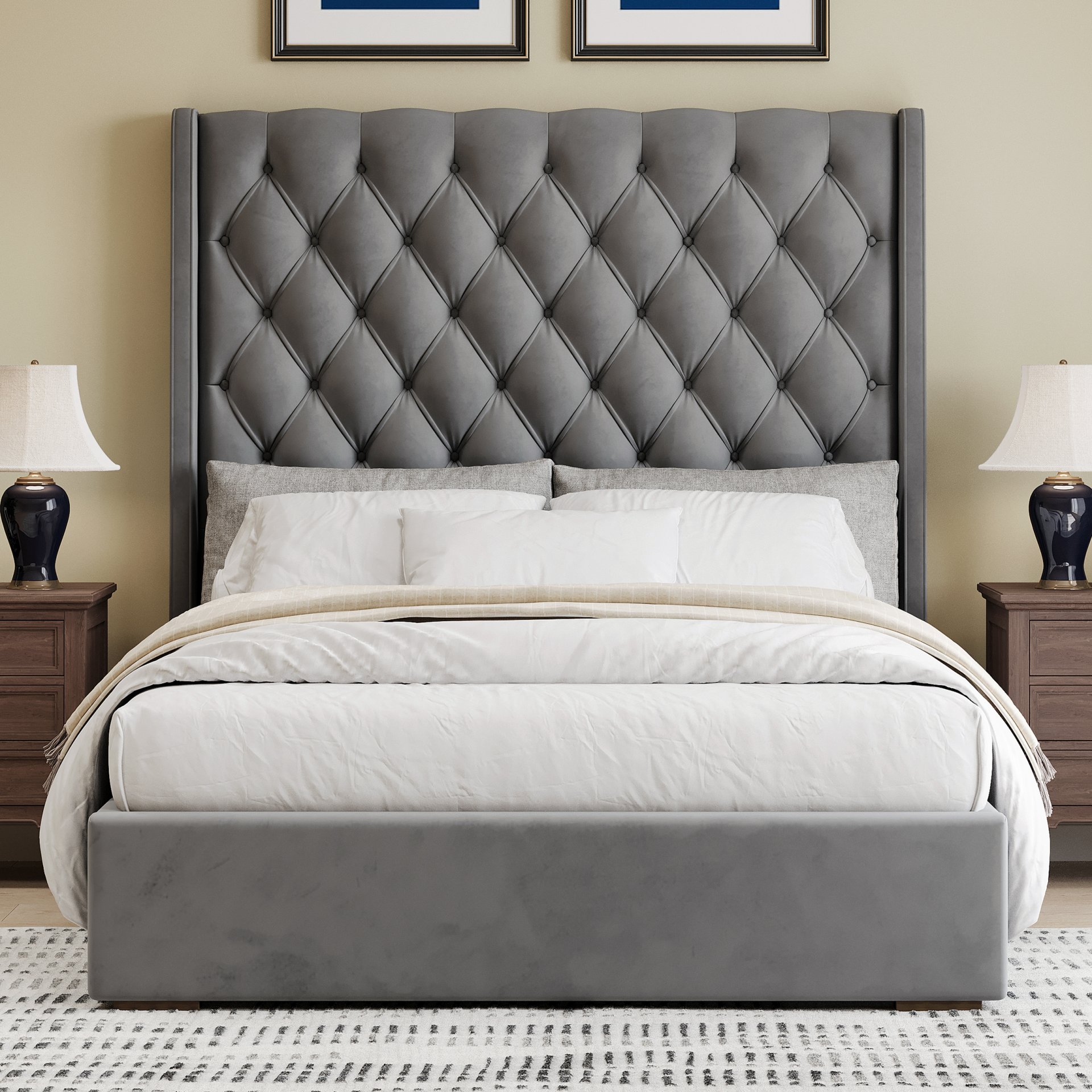 Tall Headboard Upholstered Queen Size Bed With Handmade Deep Button Tufted, Box Spring Needed, Velvet - Gray - Image 4