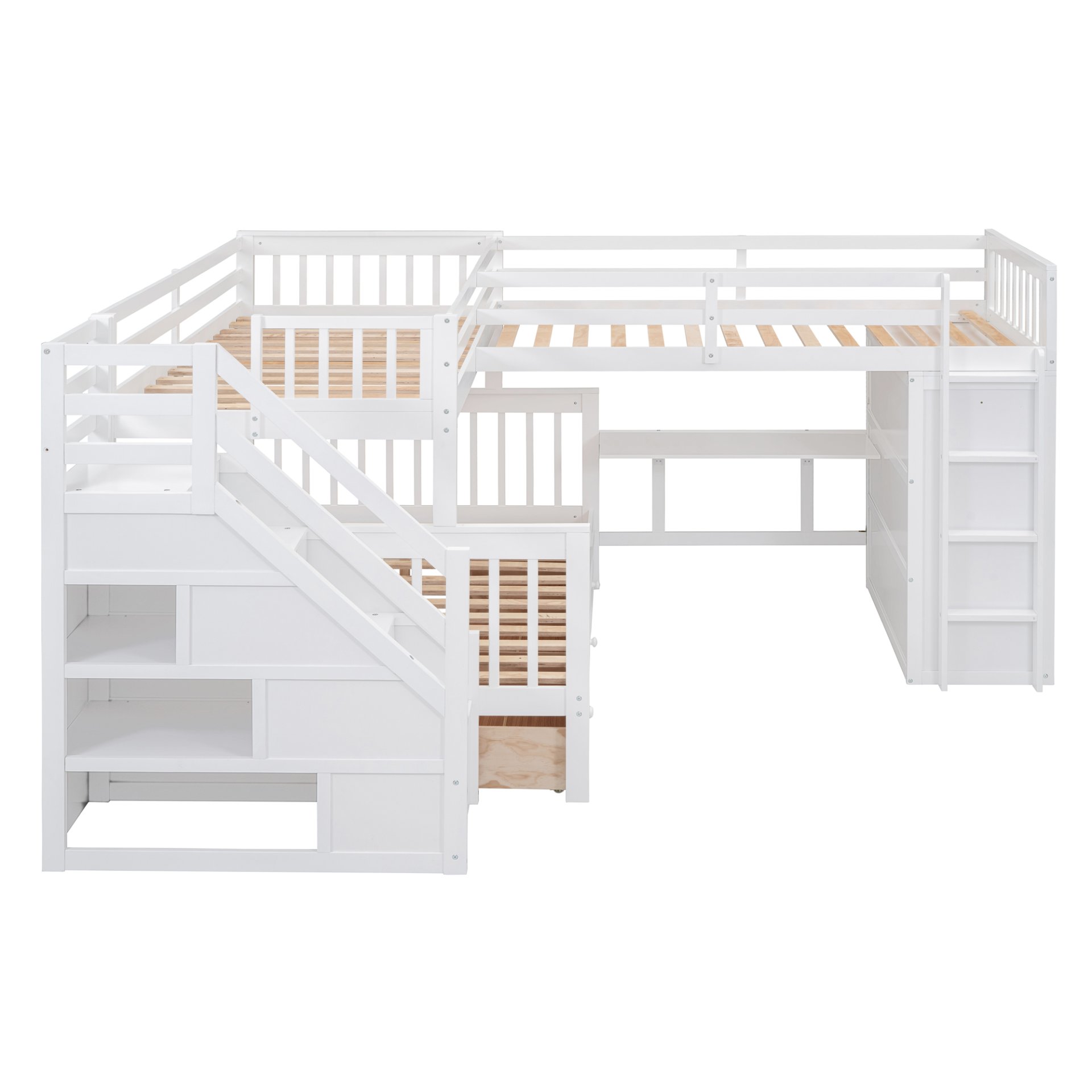 Twin Twin Over Full L Shaped Bunk Bed With 3 Drawers, Portable Desk And Wardrobe - White - Image 5