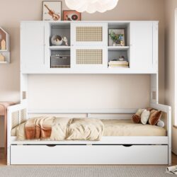Twin Size Wooden Daybed & Twin Size Trundle, And All In One Cabinet And Shelf - White