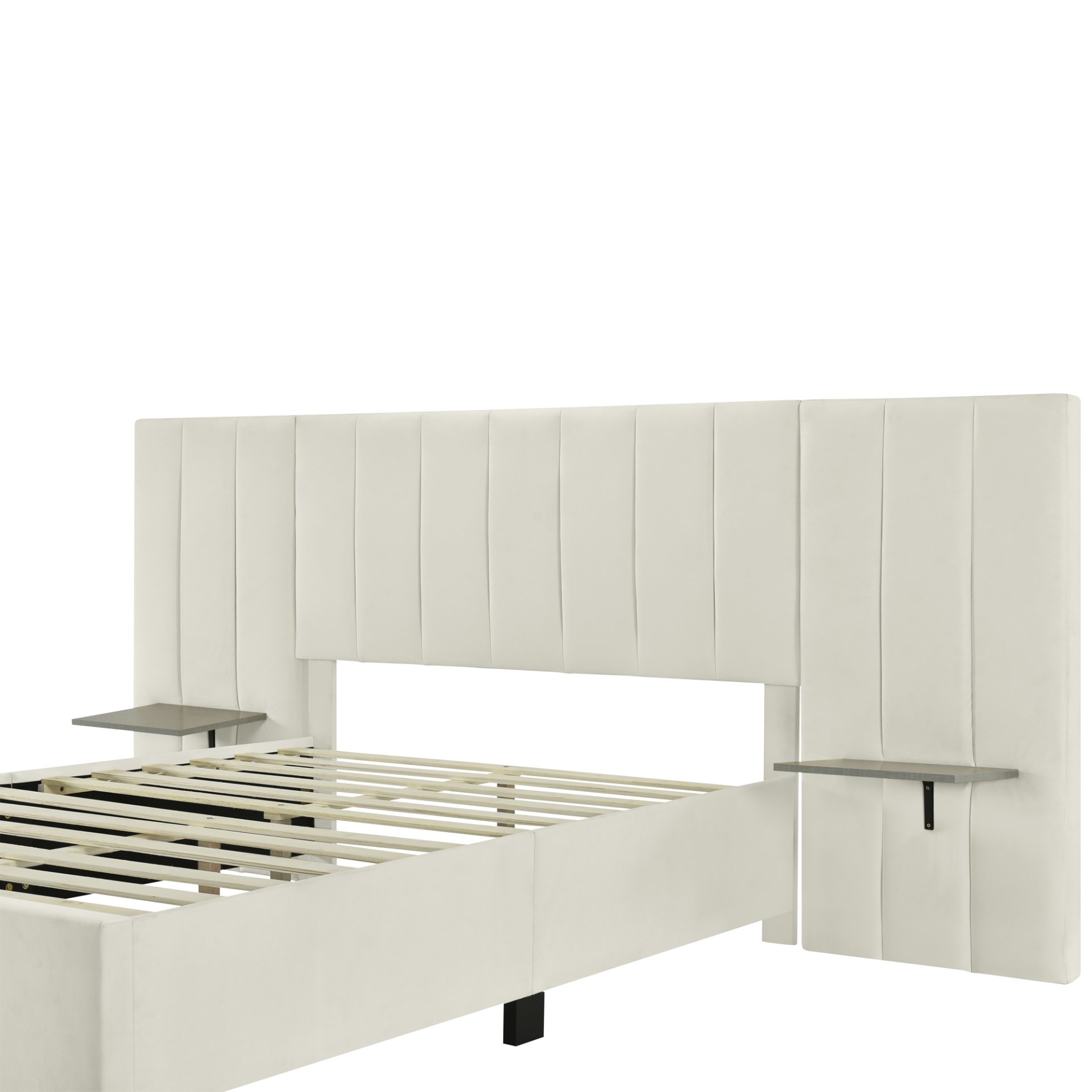 Full Size Upholstered Platform Bed With Big Headboard - Beige - Image 7