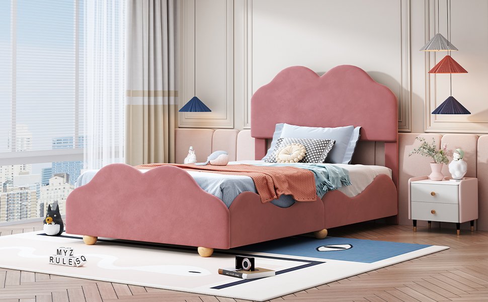 Twin Size Upholstered Platform Bed With Cloud Shaped Board - Dark Pink - Image 10