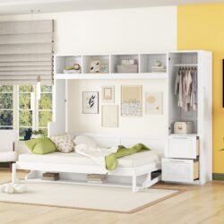 Queen Size Murphy Wall Bed With Closet And Drawers - White