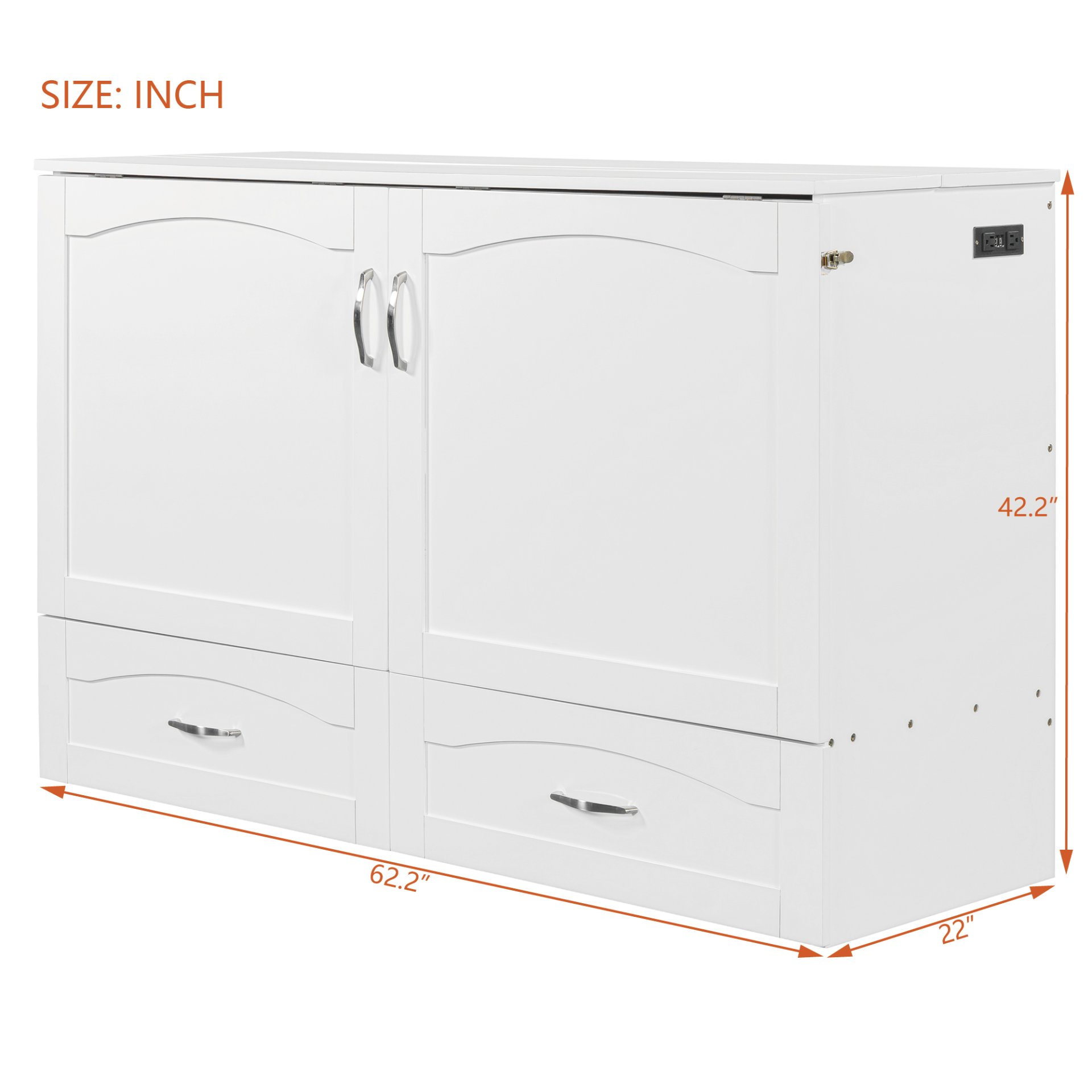 Queen Size Murphy Wall Bed With Drawer And A Set Of Sockets & USB Ports, Pulley Structure Design - White - Image 4