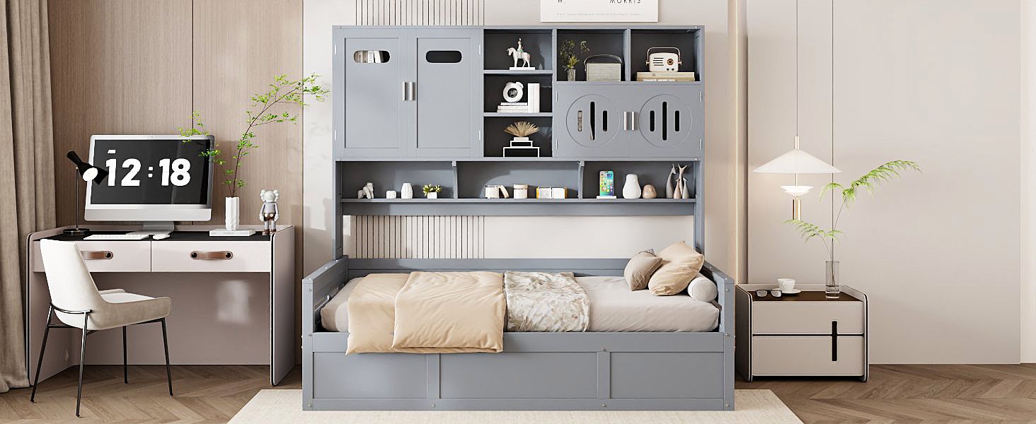 Twin Size Wooden Daybed With Hydraulic Bed And All In One Cabinet And Shelf - Gray - Image 14