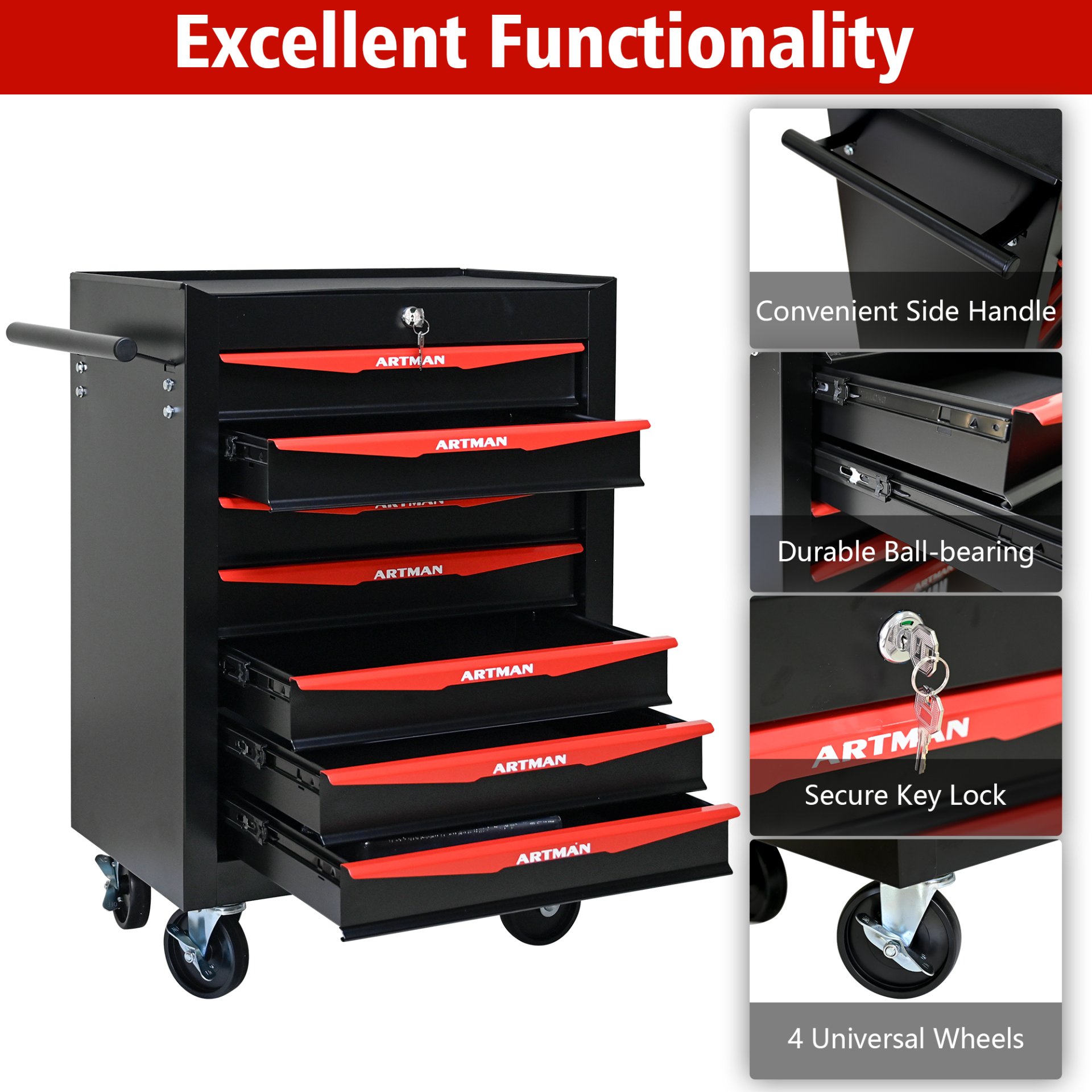 Rolling Metal Tool Chest With 7 Drawers, Steel Storage Cabinet With Ball Bearing Slides - Black / Red - Image 7