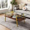 Rectangle Coffee Table, Tempered Glass Tabletop With Gold Metal Legs, Modern Table For Living Room, Transparent Glass - Dark Brown - Image 2