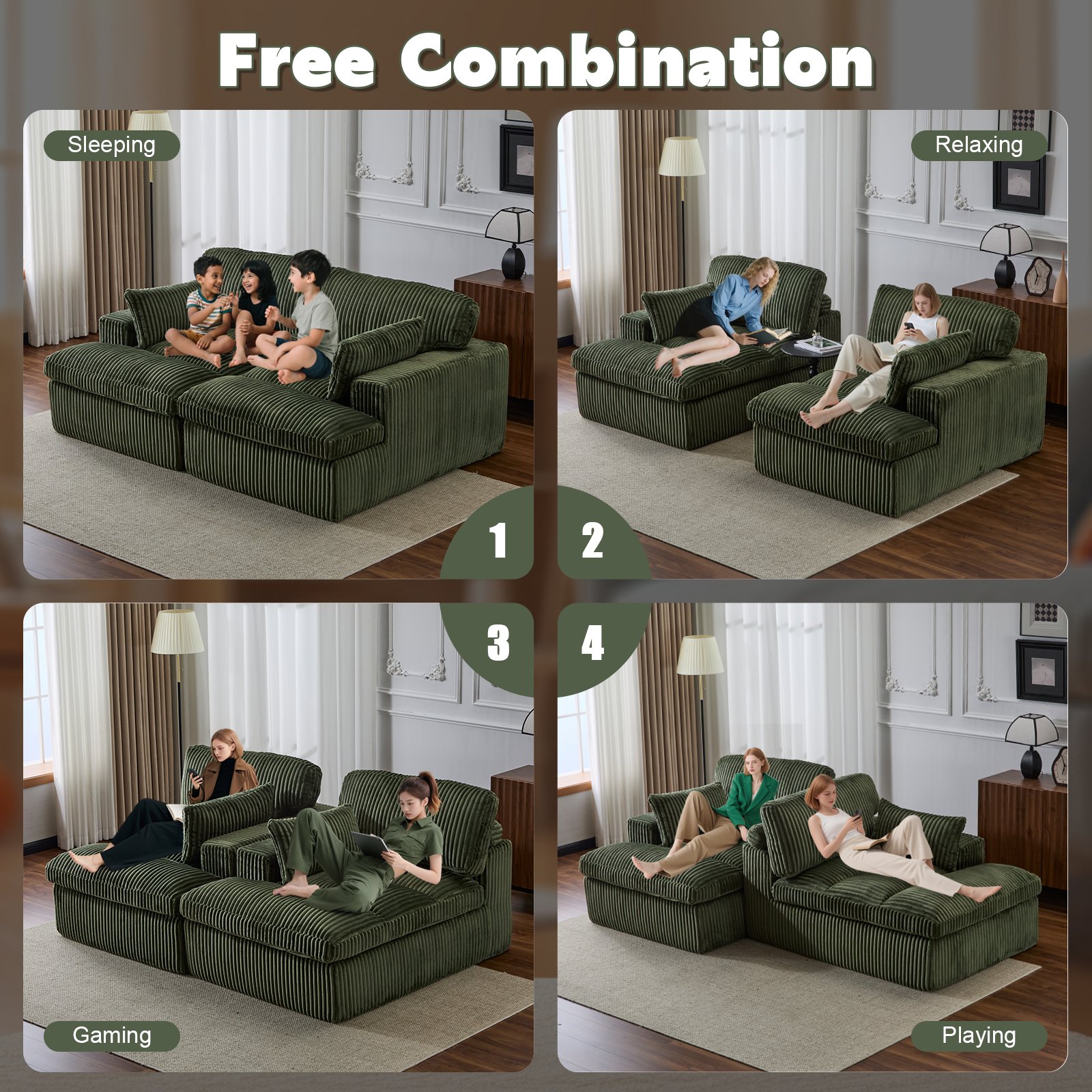 Double Chaise Lounge Chair Indoor, Oversized Upholstered Sleeper Cloud Couch, Deep Seat Sofa Bed - Green - Image 5