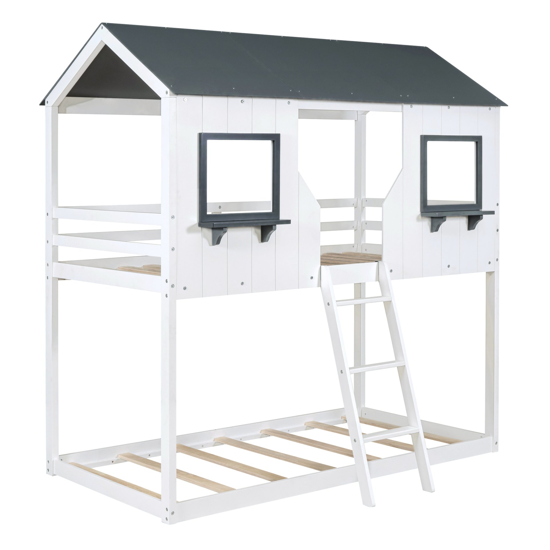 Twin Over Twin Bunk Bed Bed With Roof, Window, Guardrail, Ladder - White - Image 3