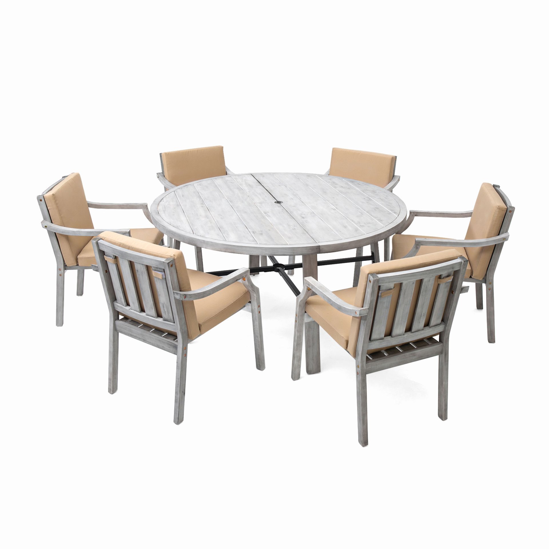 6 Person Outdoor Wooden Dining Set With Umbrella Hole And Removable Cushions For Patio - Gray - Image 9