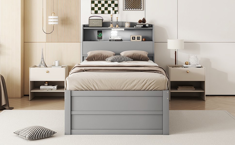 Twin Size LED Platform Bed With Trundle With Storage Headboard With Drawers - Gray - Image 17