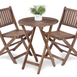 3 Piece Acacia Bistro Set, Folding Patio Furniture For Garden Backyard Balcony Porch With 1 Coffee Table And 2 Foldable Chairs - Natural Stained