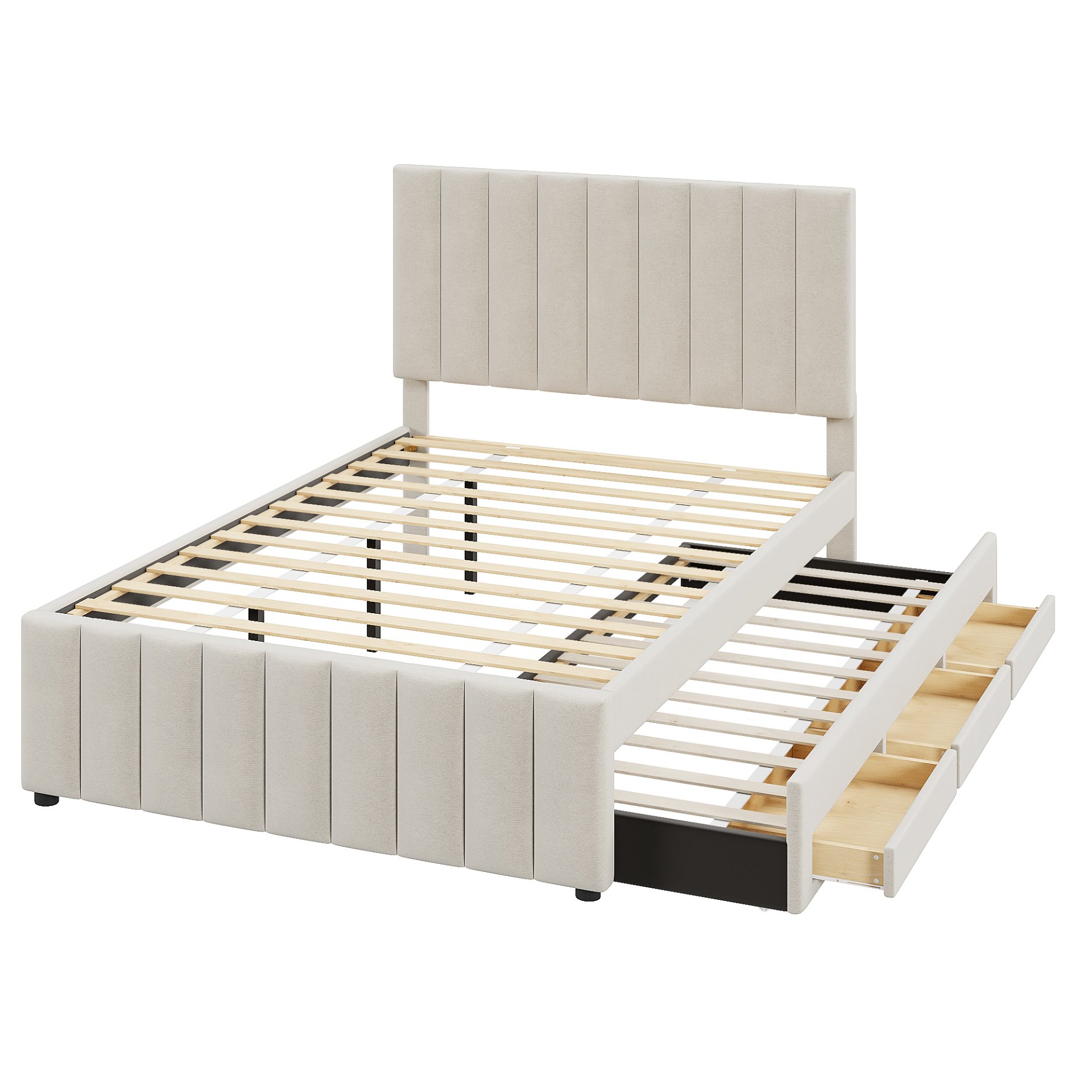 Full Size Upholstered Platform Bed With Twin Size Trundle And 3 Drawers - Beige - Image 3