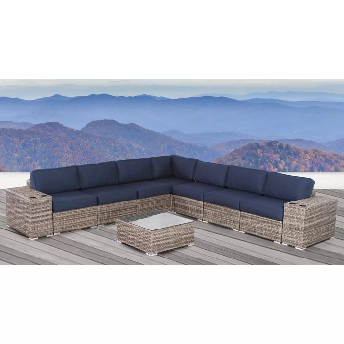 Stylish Rattan Wicker 6 Person Seating Group With Premium Sunbrella Cushions Perfect For Outdoor Entertaining - Dark Gray / Navy Blue - Image 9