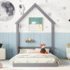 Full Roof Framed Headboard Floor Bed With Headboard Guardrails, Without Slats - Gray - Image 3