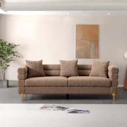 Luxurious And Comfortable Upholstered Sofa With Golden Legs And Pillows For Living Room And Reception Area - Brown