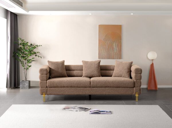 Luxurious And Comfortable Upholstered Sofa With Golden Legs And Pillows For Living Room And Reception Area - Brown