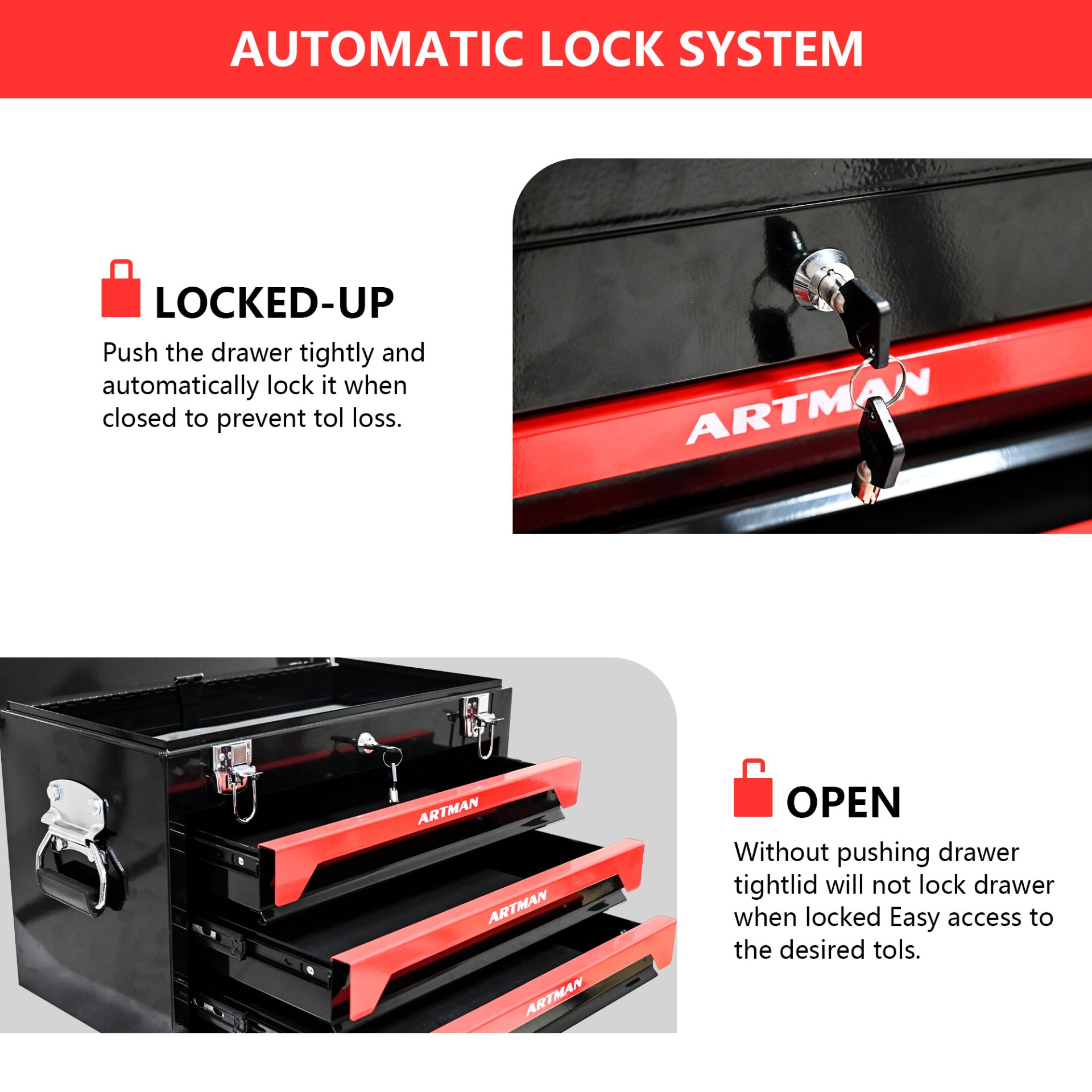 Portable 20" Steel Tool Box With 3 Drawers And Metal Latch Closure - Black / Red - Image 7