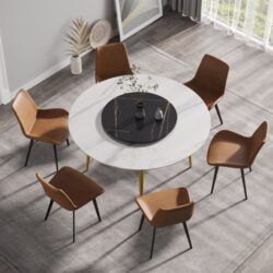 59.05" Modern Artificial Stone Round Golden Metal Dining Table, Can Accommodate 6 People Artificial Stone Turntable - White / Black