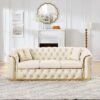 Velvet Button Tufted Sofa Couch With 2 Pillows 3 Seater Luxury Chesterfield Sofa Set With Stainless Steel Accents For Living Room - Beige - Image 4