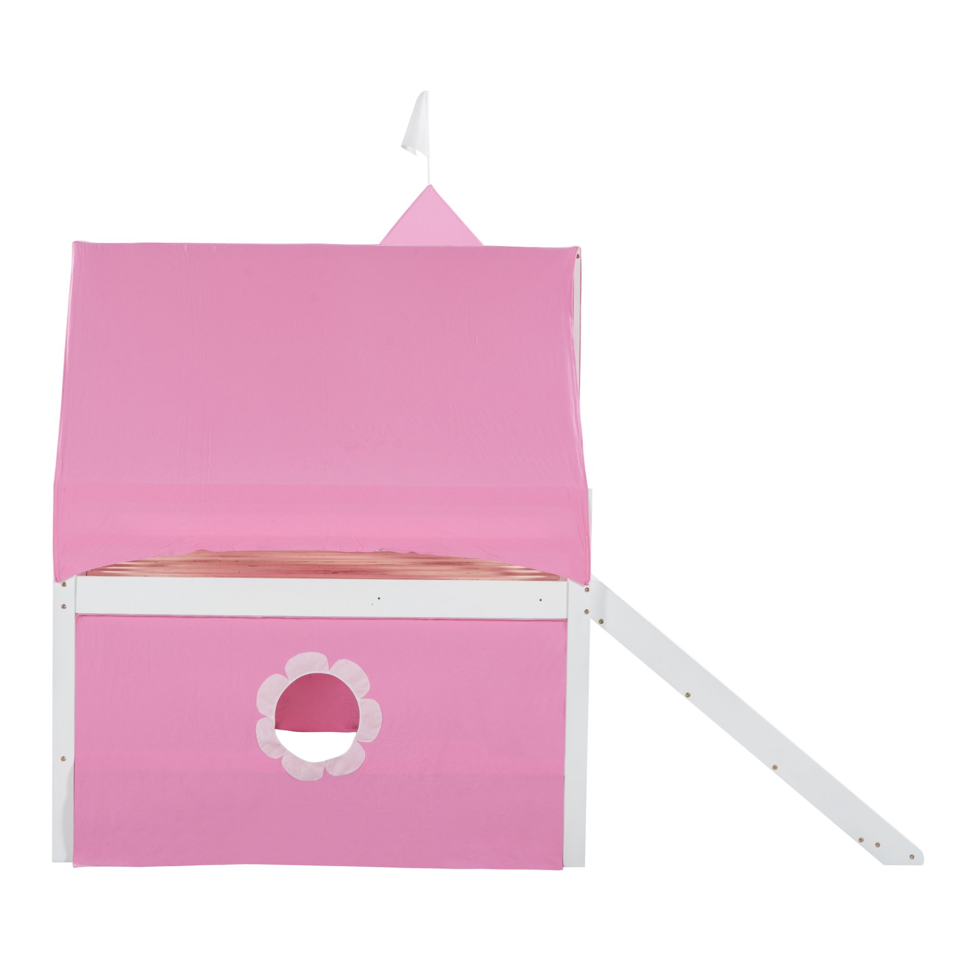 Full Size Loft Bed With Slide And Tent Tower Space Saving Fun Design For Kids - Pink - Image 9