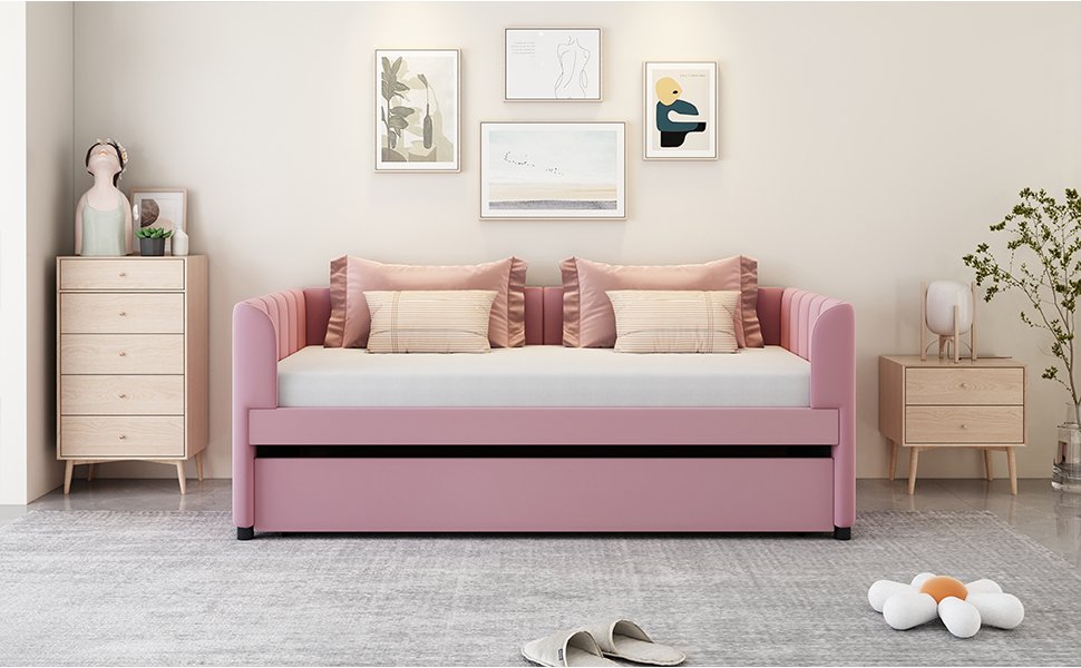 Twin Size Upholstered Daybed With Ergonomic Design Backrest And Trundle - Pink - Image 13