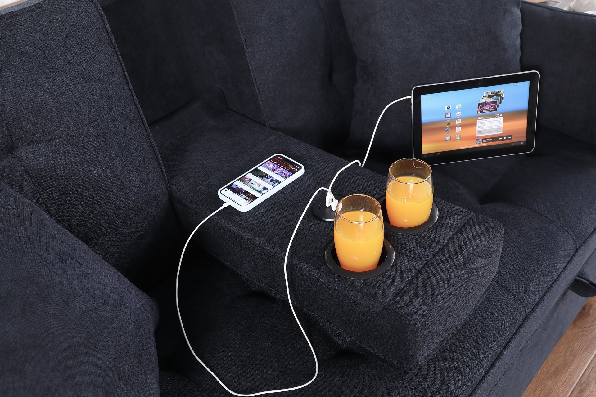 Cody II - Woven Fabric Convertible Sleeper Loveseat With Cup Holder, Charging Ports, Side Pocket, and Pocket Coil Seating - Dark Gray - Image 10