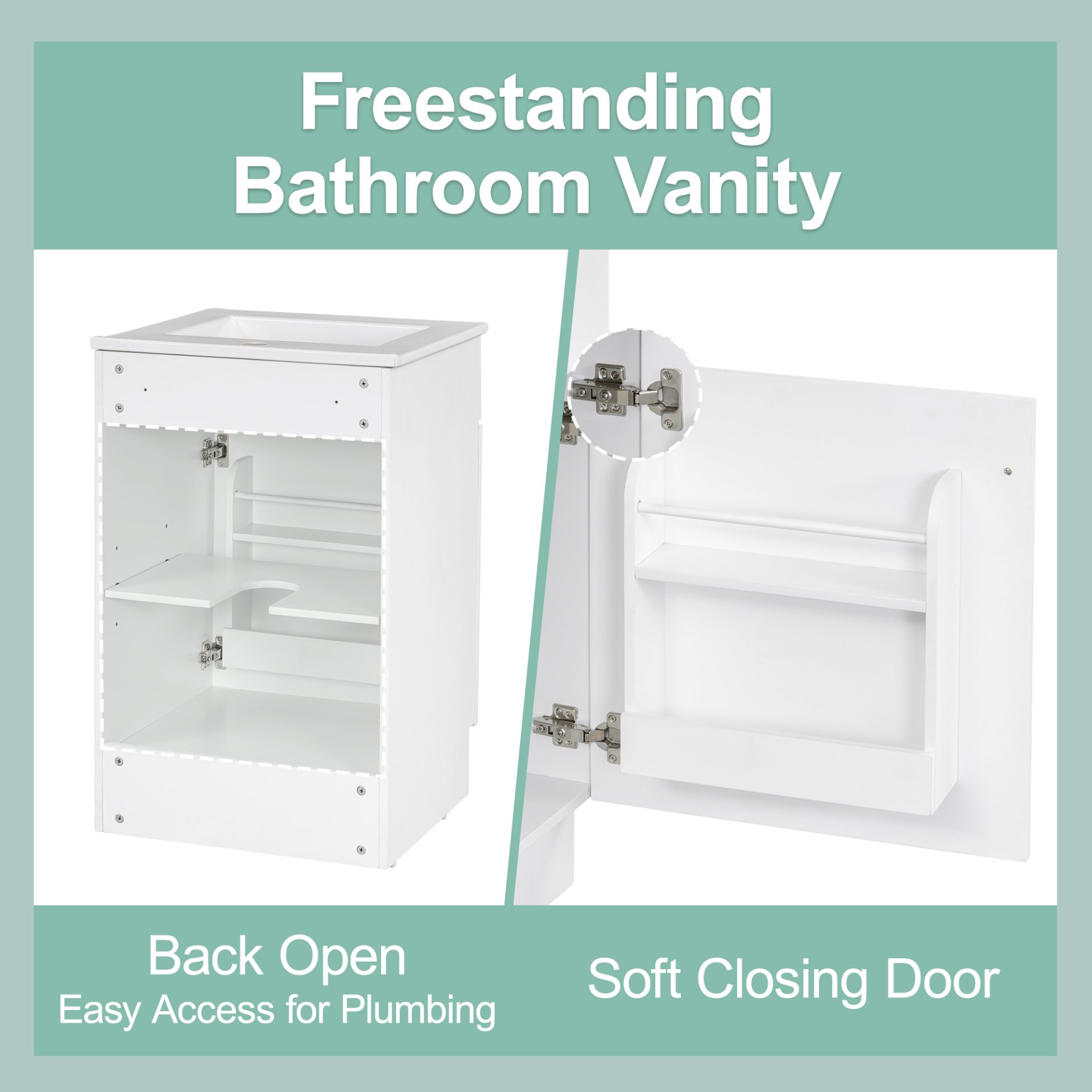 20" Bathroom Vanity With Sink, Freestanding Cabinet With Door Shelf And Adjustable Shelf, And Ceramic Construction - White - Image 5