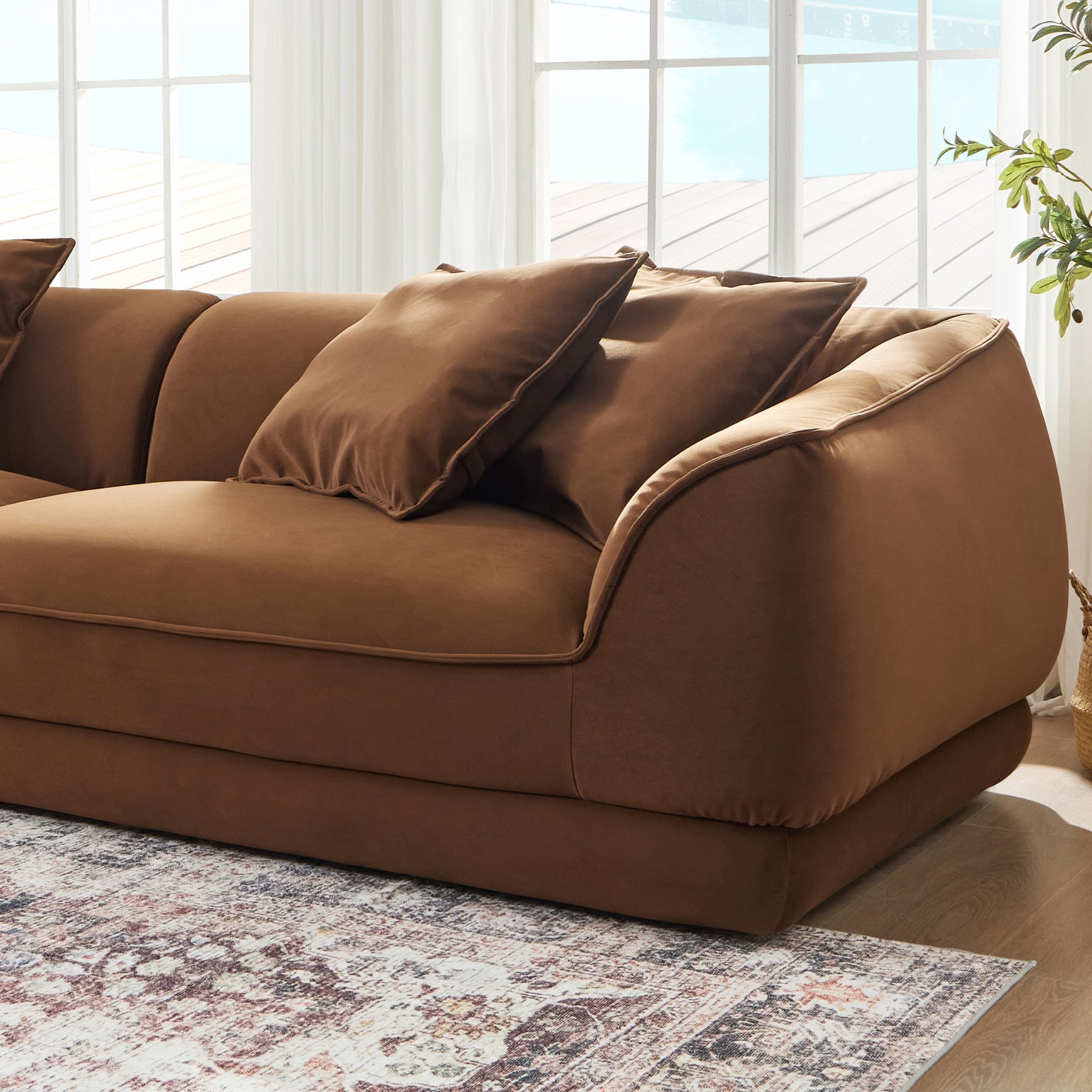 Nordic Modern Sofa With Detachable Pillowcase, French Velvet Fabric, Solid Wood Frame, High Density Sponge Filling - Camel - Image 10