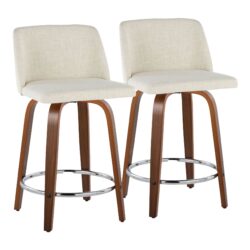 Toriano - Mid-Century Modern Fixed Height Counter Stool Swivel With Round Footrest (Set of 2) - Walnut / Cream