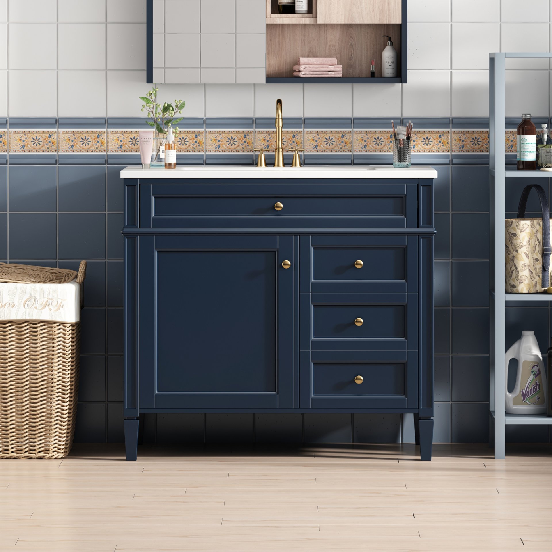 Bathroom Vanity With Top Sink, Modern Bathroom Storage Cabinet With 2 Drawers And A Tip-Out Drawer, Single Sink Bathroom Vanity - Blue - Image 4