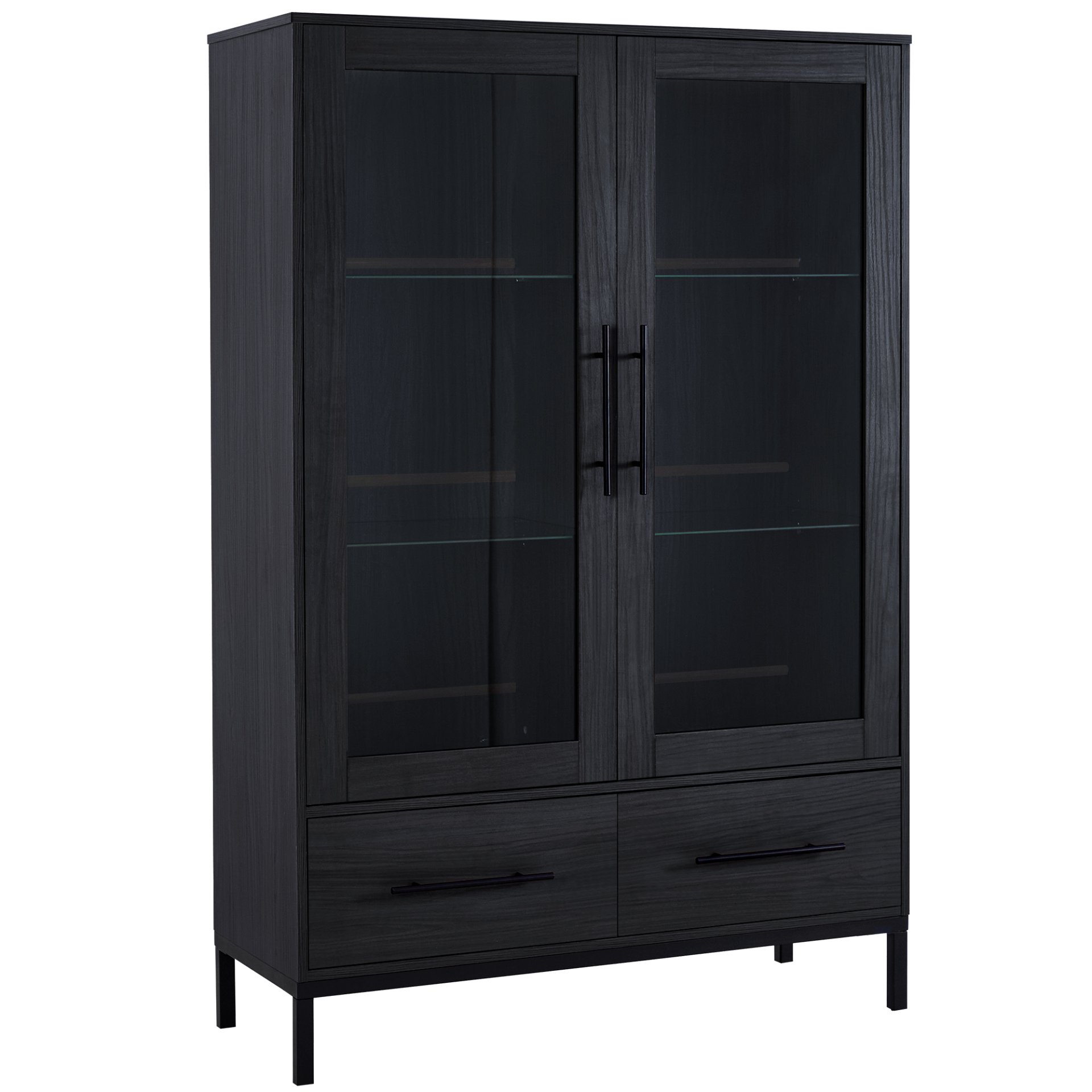 Modern Style Tall Display Cabinet With LED Lighting, Tempered Glass Door, 2 Drawers - Black - Image 7
