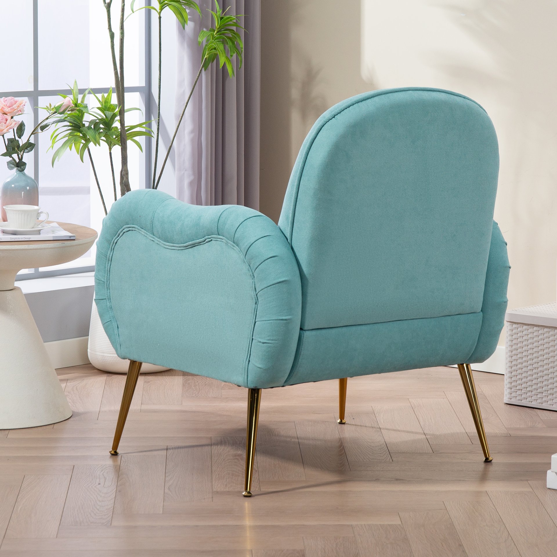 Modern Accent Chair With Metal Legs, Snowflake Fabric Armchair - Cyan - Image 5