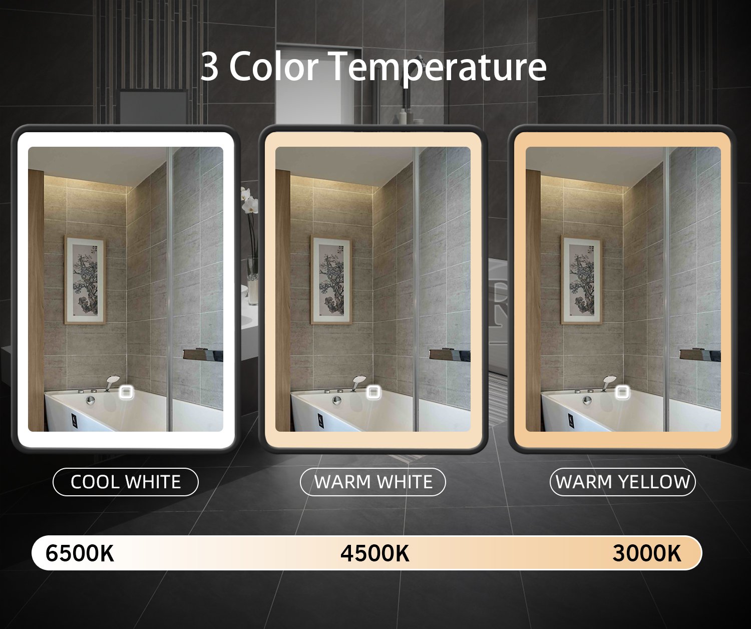 24X30" Led Black Framed Wall Mount Medicine Cabinet With Mirror Anti - Fog Function 3 Colors With Light - Black - Image 5