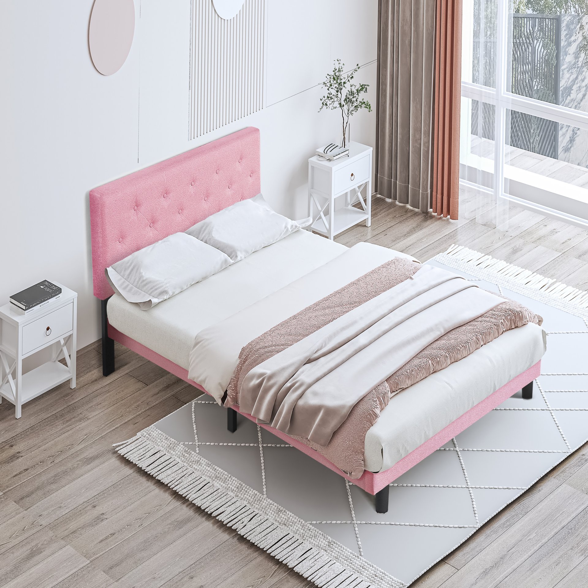 Twin Size Upholstered Platform Bed Frame With Button Tufted Linen Headboard - Pink - Image 14