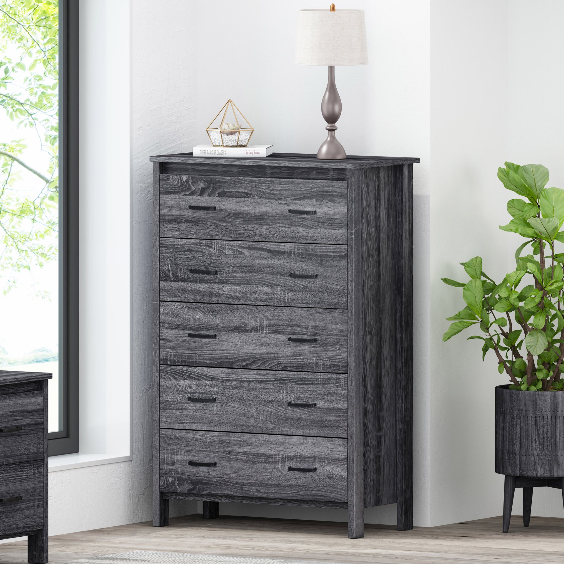 Titeca - Contemporary Wood 5 Drawer Dresser - Dark Gray - Image 2