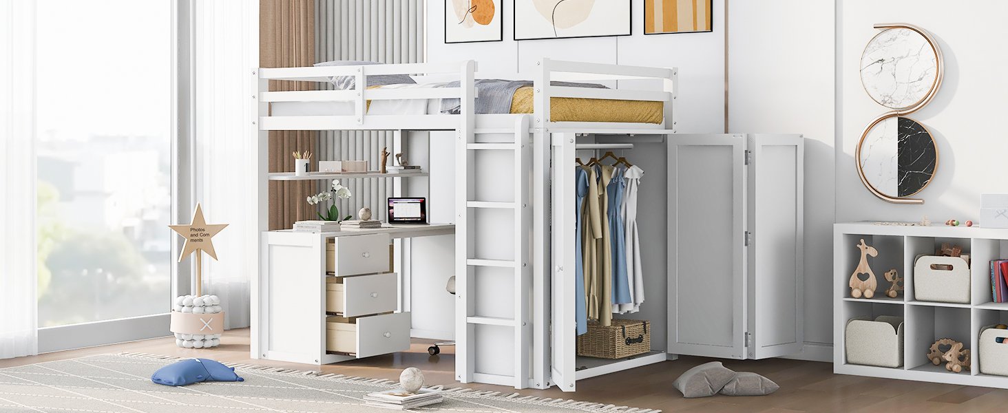 Full Size Loft Bed With Drawers, Desk, And Wardrobe - White - Image 14