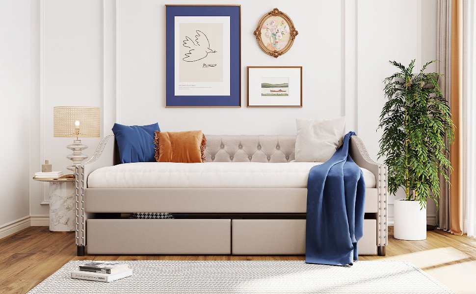 Full Size Upholstered Daybed With Two Drawers, Slat Support - Beige - Image 30