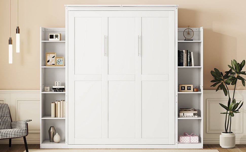 Queen Size Murphy Wall Bed With Shelves And LED Lights - White - Image 19