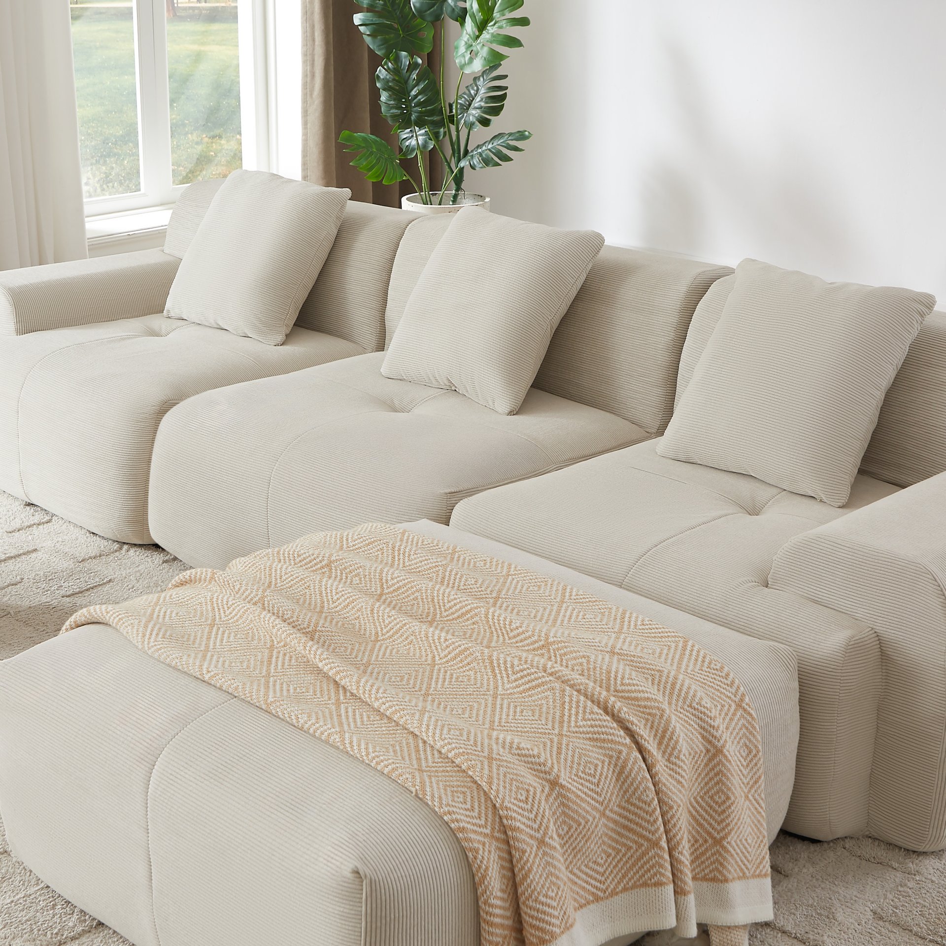 L Shaped Modular Sectional Sofa, Oversized 3 Seater With Deep Seat And Movable Ottoman - Beige - Image 5