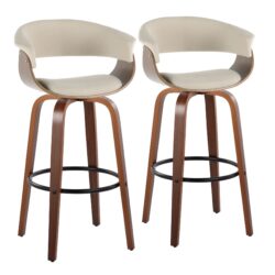 Vintage Mod - Mid-Century Modern Fixed Height Barstool With Swivel & Round Footrest (Set of 2) - Walnut / Cream