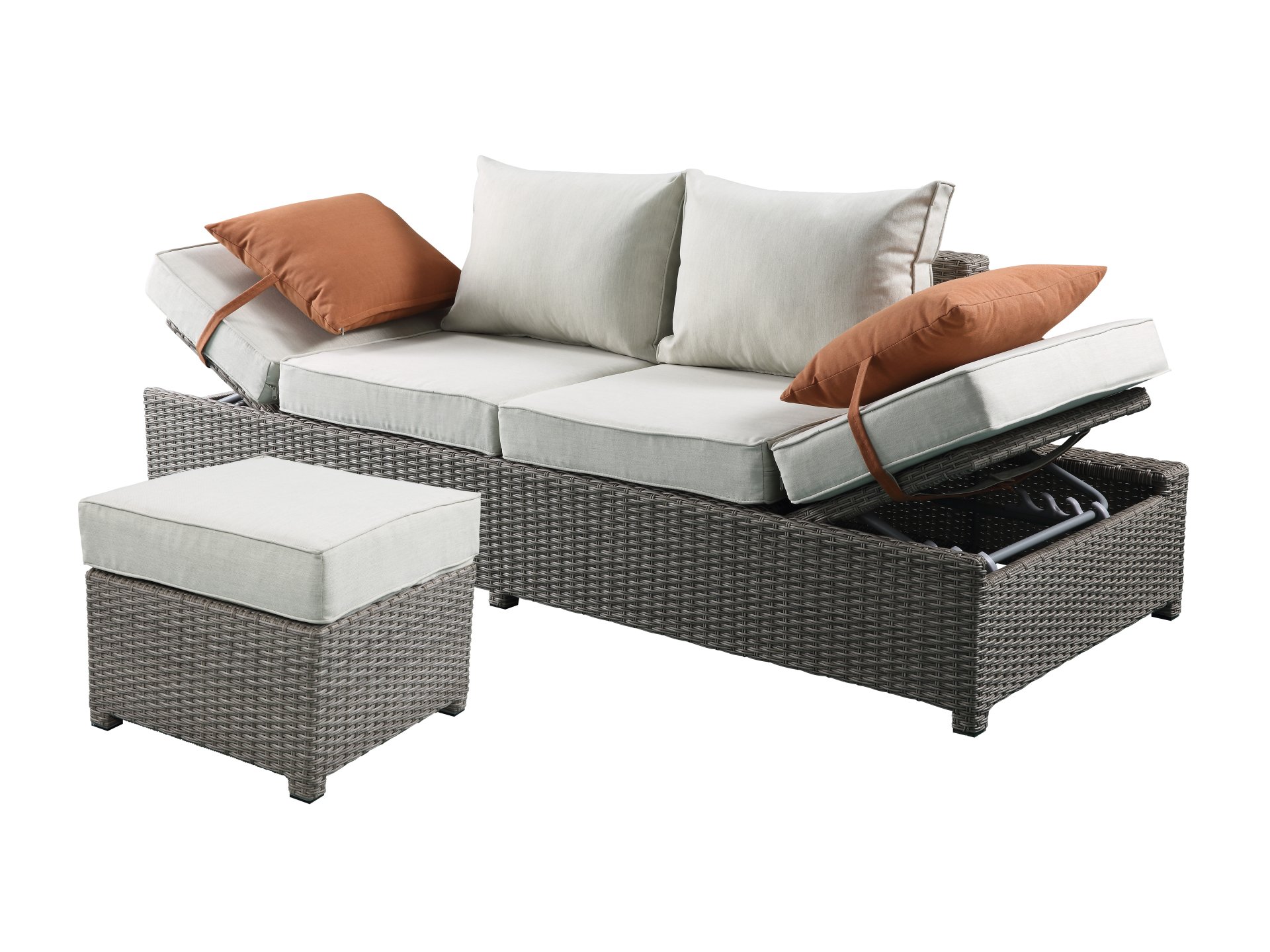 Salena - All Weather Wicker Patio Sofa & Ottoman With 2 Toss Pillows - Beige / Gray - Image 3