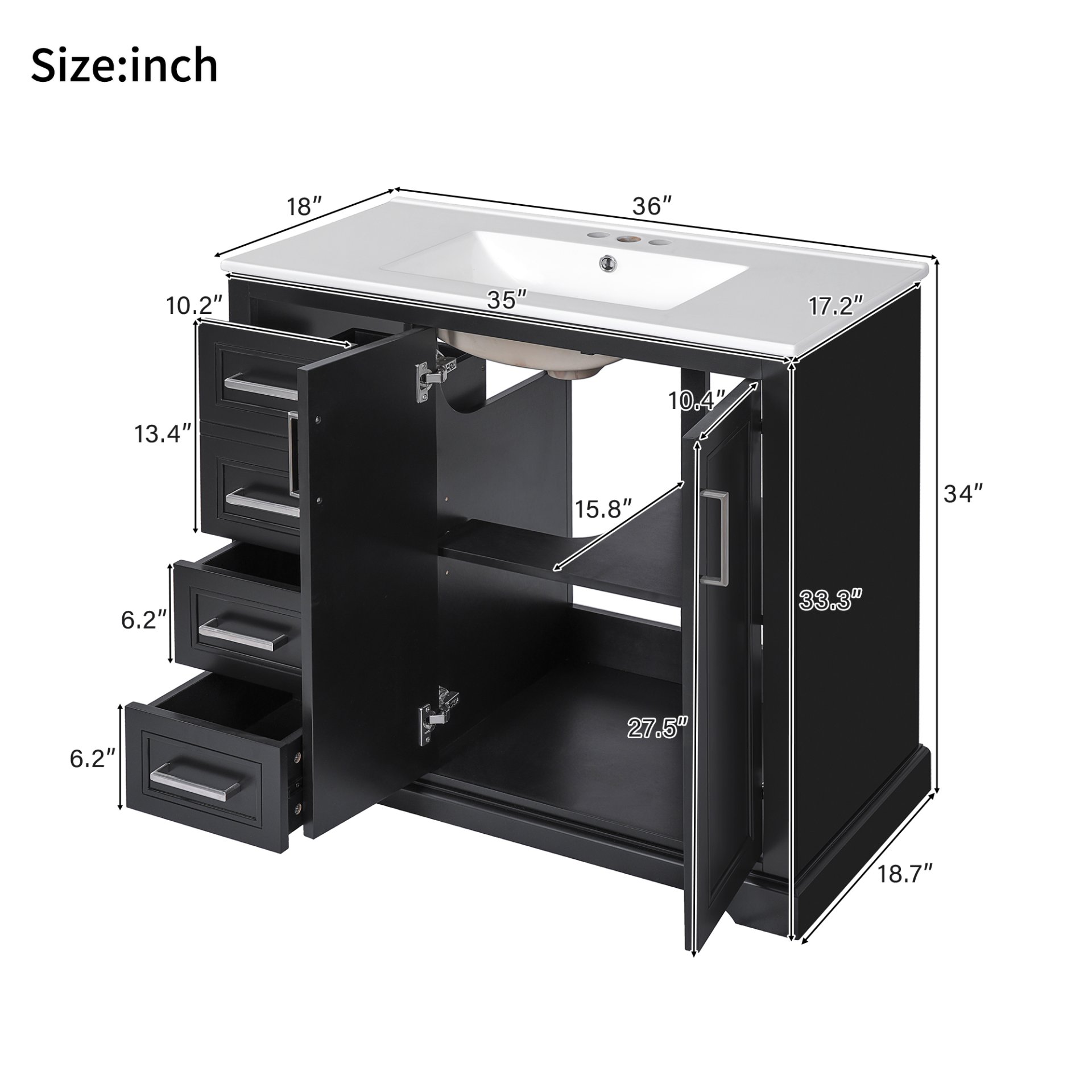 36" Bathroom Vanity With Sink, Soft Close Doors, Adjustable Shelf & 3 Drawers - Black - Image 4